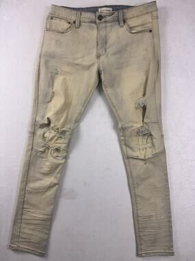 Blind Trust Distressed Skinny Jeans Cream Beige Ripped Repair Detail Mens 36x34